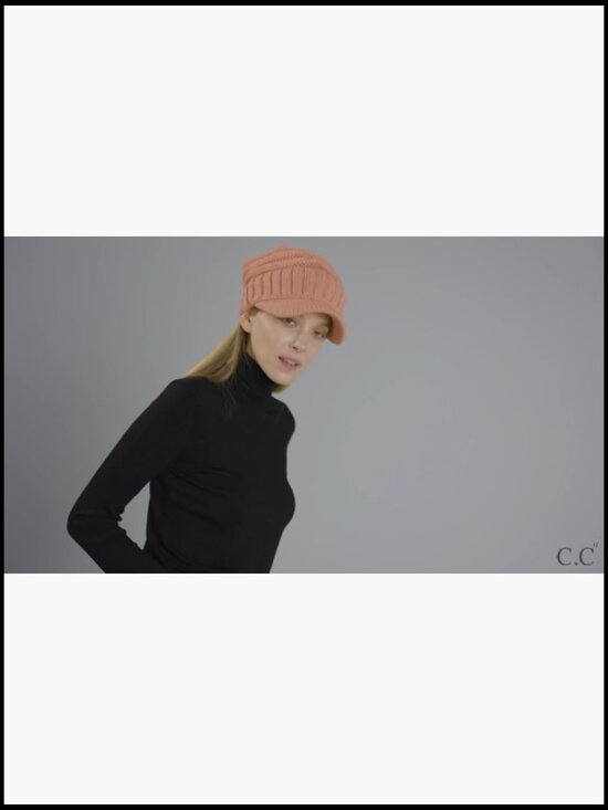 Oversized Chunky Ribbed Slouchy Knit Hat with Visor Brim - Acrylic Cable-Knit